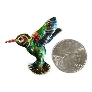Hummingbird brooch , light weight , loaded with color , greens, blue, red,